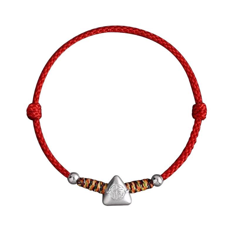 Sterling Silver Dragon Boat Festival Bracelet with Zodiac Fu Charm & Five-Color Red Rope.