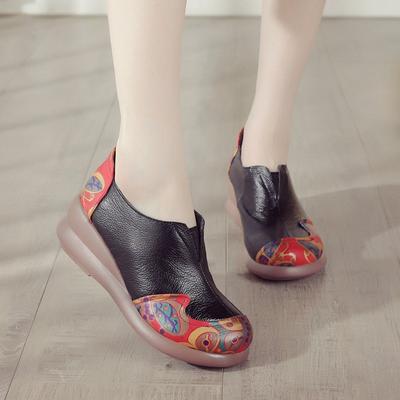 Pumps Ethnic Style Genuine Leather Printed Wedge Shoes Comfort And Soft Sole Women's Slip-on Shoes