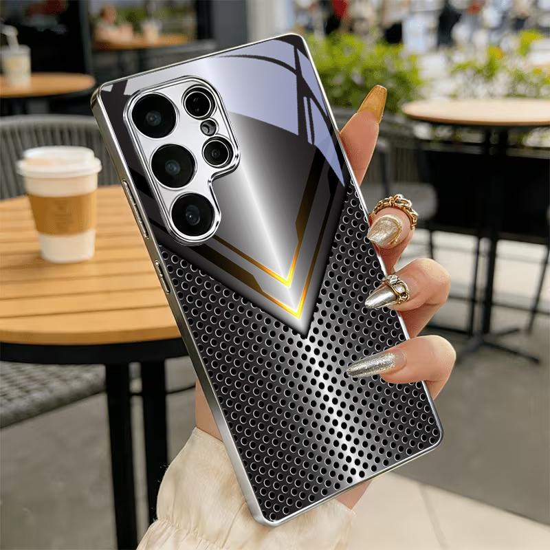 Metal V‑Shape Perforated Tech Electroplated Silver Phone Case For Samsung A31 A51 A71 A12 A22 A32 A42 A52 A06 A16 A17 A37 Cover
