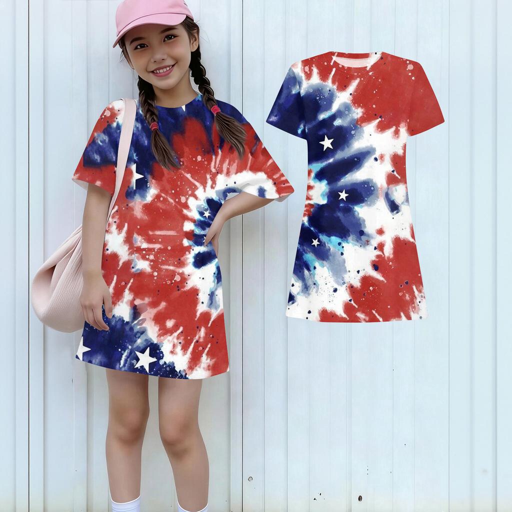 Girls Independence Day Print Casual Dress Kids Loose Round Neck Short Sleeve Thin Sundress