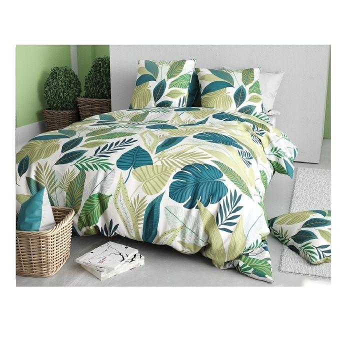 Parure de lit - Housse couette + 2 taies - 220 x 240 cm - Feuillage tropical - 100% coton doux