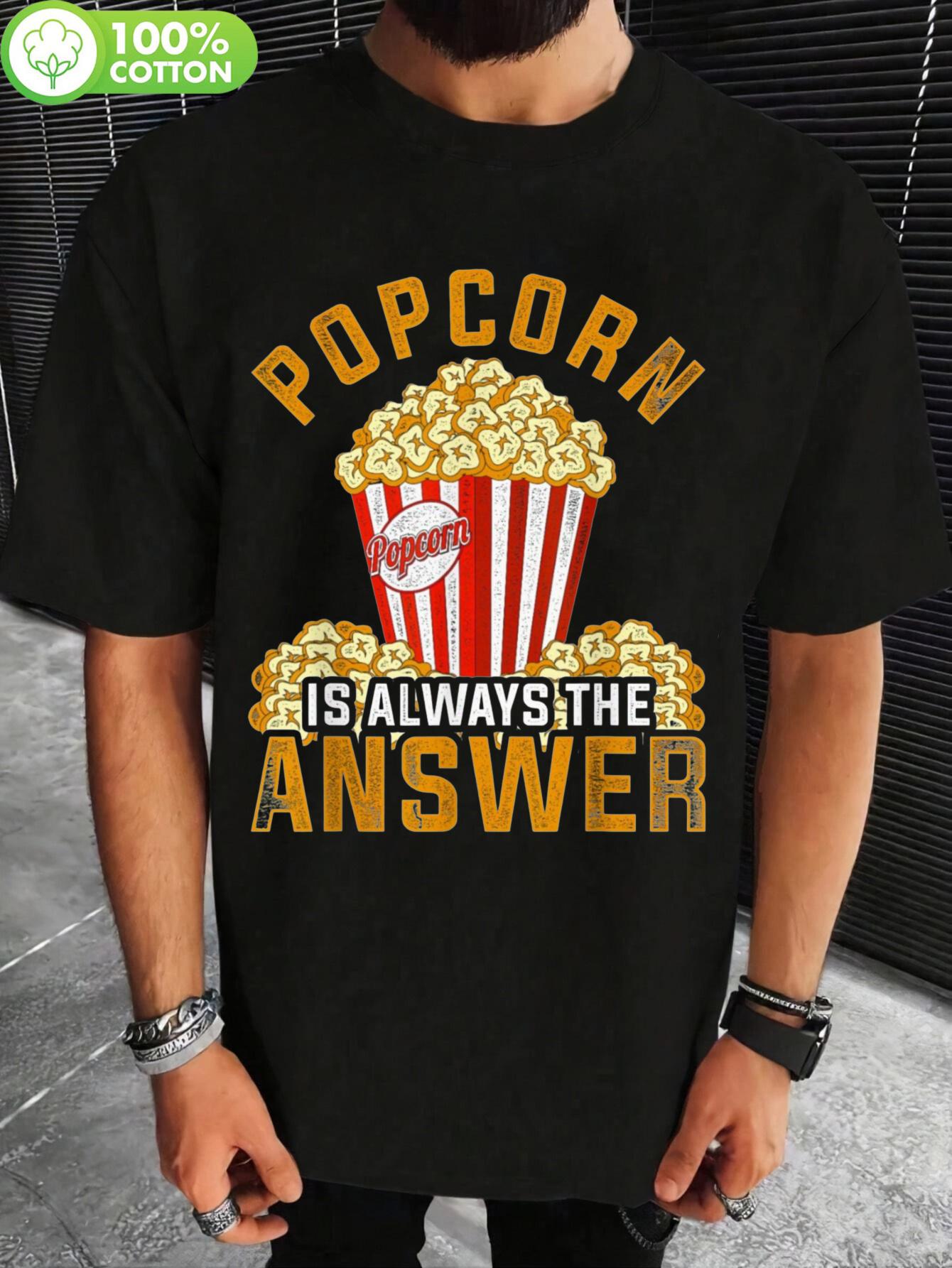 

Allseason Clothing Popcorn is Always the Answer Graphic T-shirt - 100% Cotton Regular Fit Casual Tee with Bold Yellow Text & Popcorn Design S