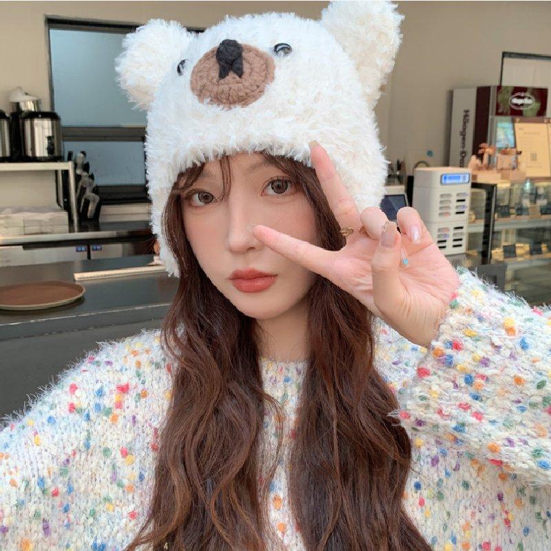 Women Plush Winter Bear Hat Keep Warm Ear Protector Solid Color Caps Travel