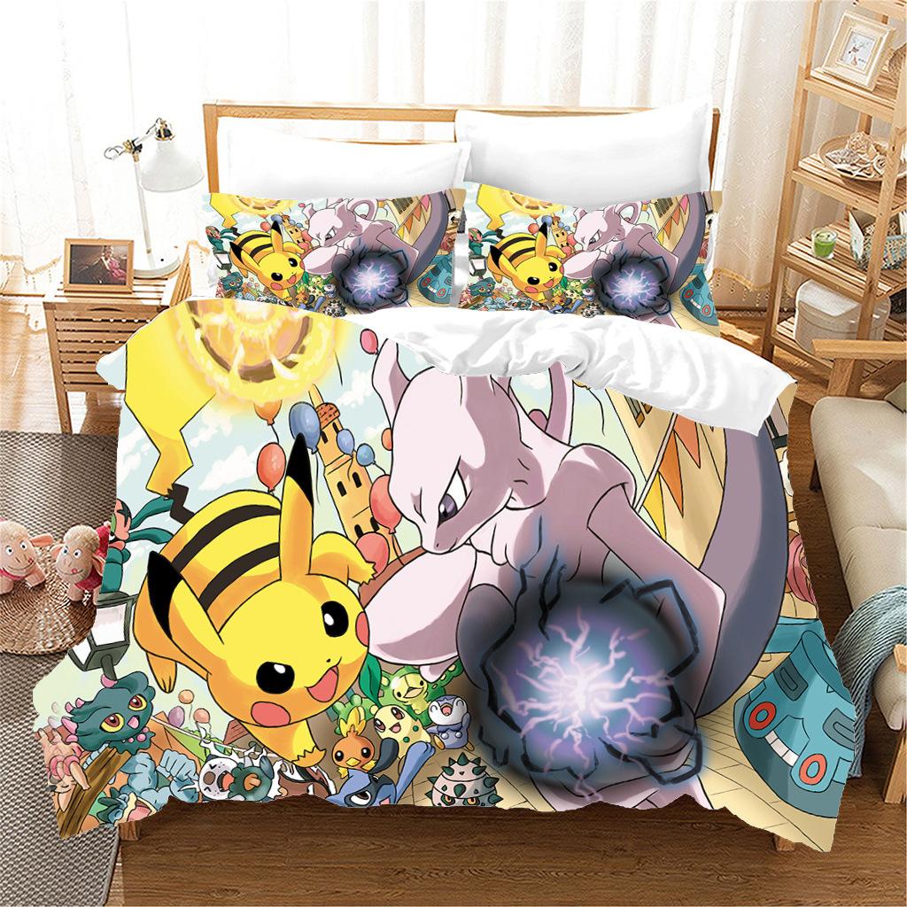 Anime P-Pokémon Printed Bedding Set New Ash Ketchum Pikachu Duvet Cover Comforter Pillowcase Boys Girls Children Adults King Gif
