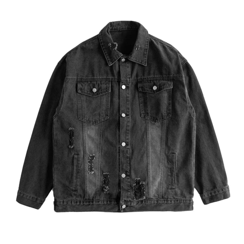 Men's Multi-Pocket Ripped Denim Jacket - Spring/Autumn, Trendy American Retro Street Style