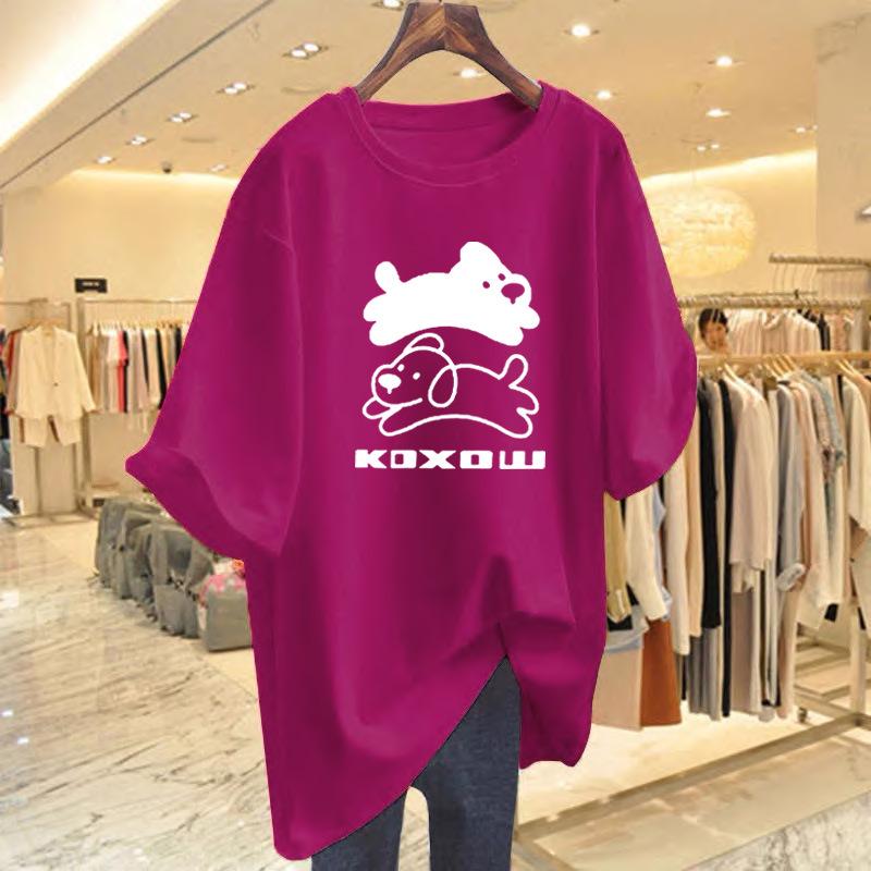 

Women s Summer White Cartoon Print Cotton T-Shirt, Loose Fit, Mid-Length, Short Sleeve XXL