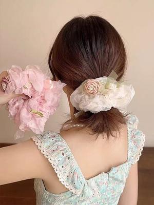 1 Stück Rose Blume Schleife Spitze Kante großer Darm Haargummi, frühlingshaft elegantes Blumen Haarband, hochwertiges Zopfgummi, zartes Kopfseil