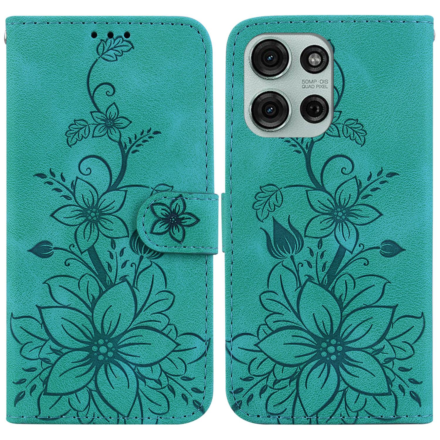 

For Motorola Moto G75 5G Case Lily Flower Imprint Leather Phone Cover with Stand Green