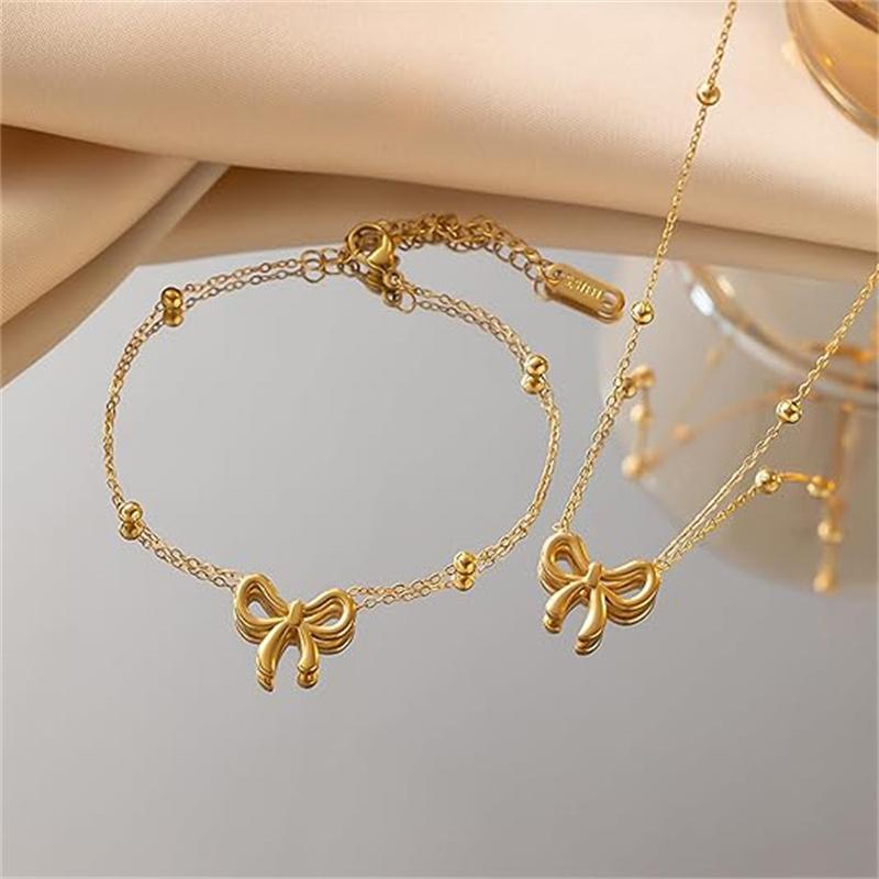 Gold Bow Earrings Necklace Bracelet Trendy Bowknot Ribbon Pearl Choker Necklace Trendy Bow Stuff