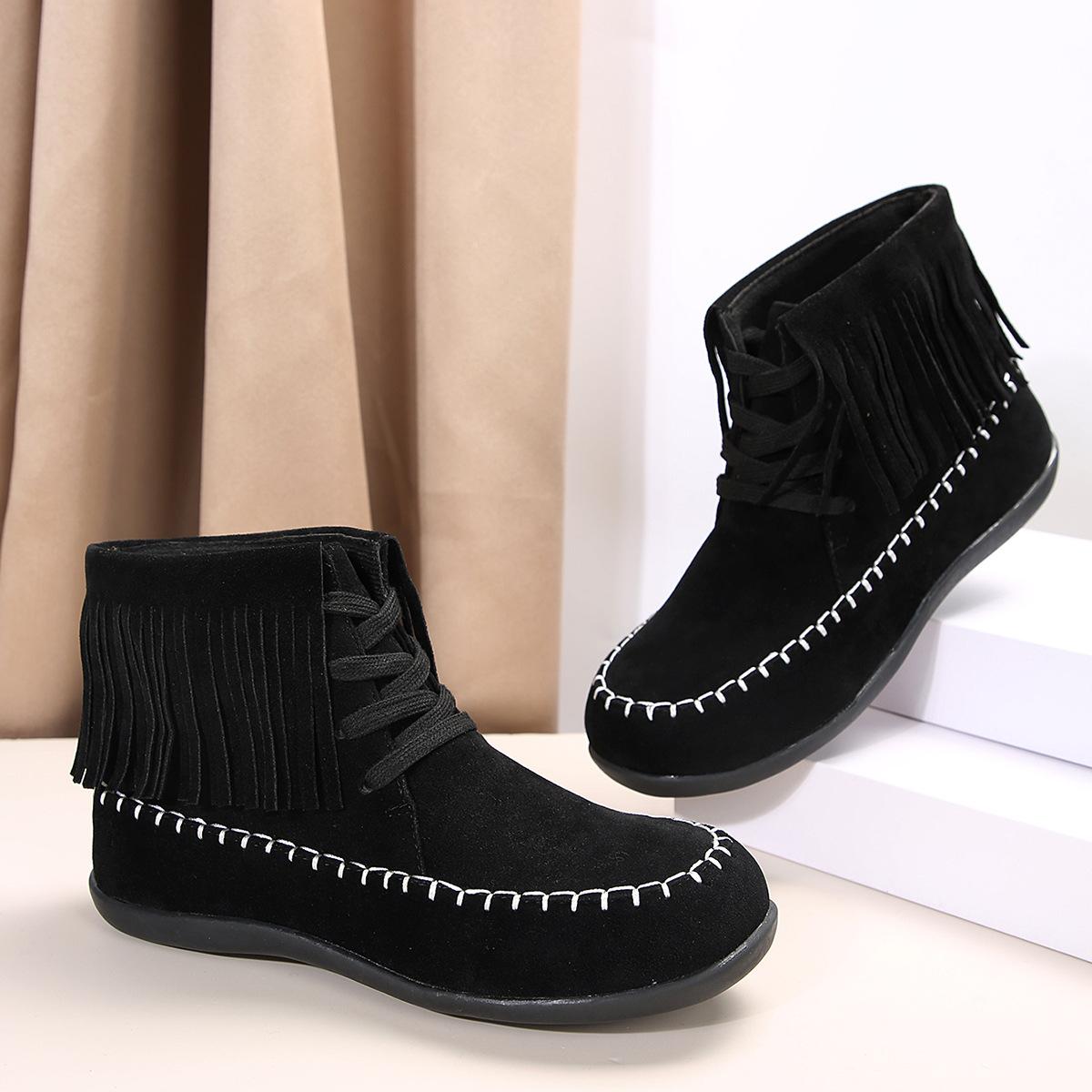 

Большой размер ботильоны с бахромой из хлопка на плоской подошве с заклепками новые с коротким голенищем круглым носком замшевые ботинки Мартин 38 чёрный