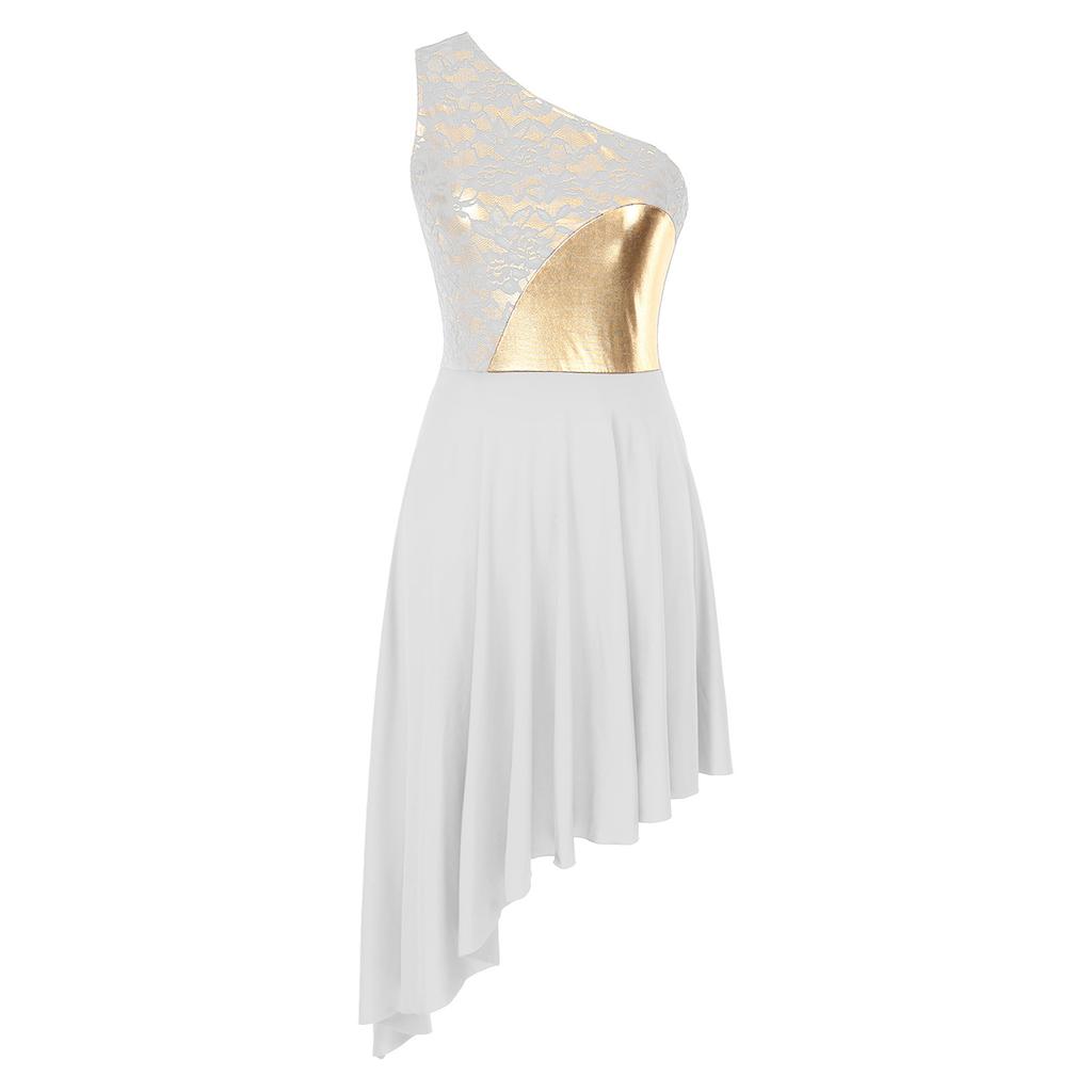 Damen Anbetungstanzkostüm Ein Schulter-Stil Spitzen-Patchwork-Detail Kontrastfarbe Asymmetrischer Saum Kleid