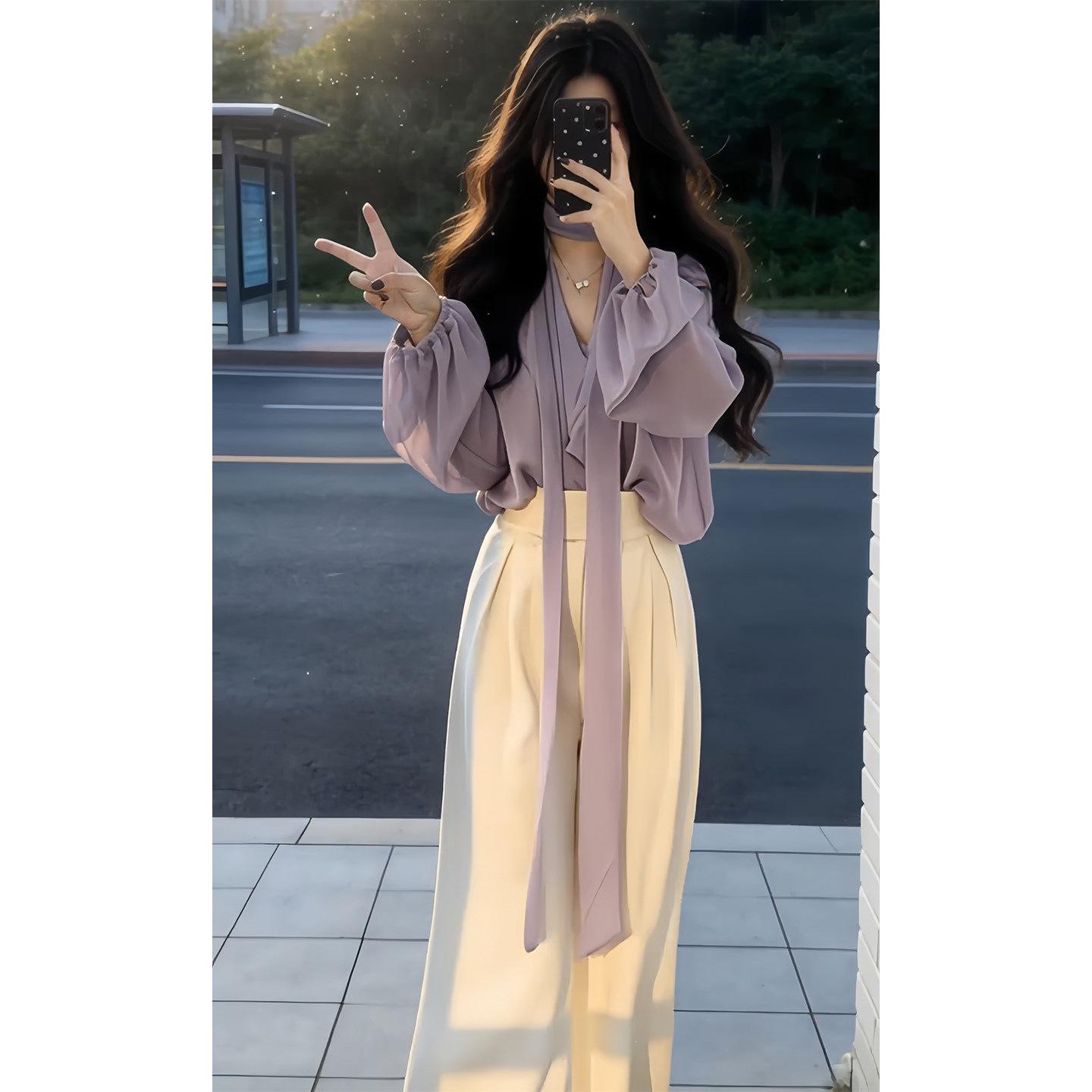 Elegant Spring 2026 Two-Piece Set: Stylish Shirt & Wide-Leg Pants L