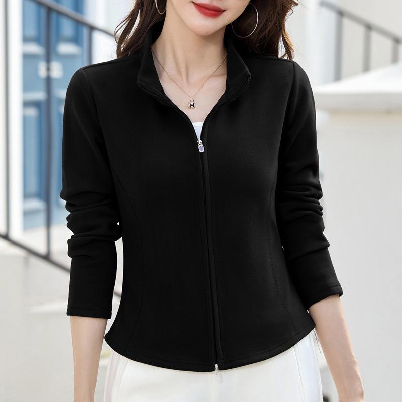 

2025 Большой размер Толстовка на молнии с длинным рукавом и воротником-стойкой для женщин - Модная осенне-зимняя повседневная куртка-кардиган XL (115-125 jin) чёрный