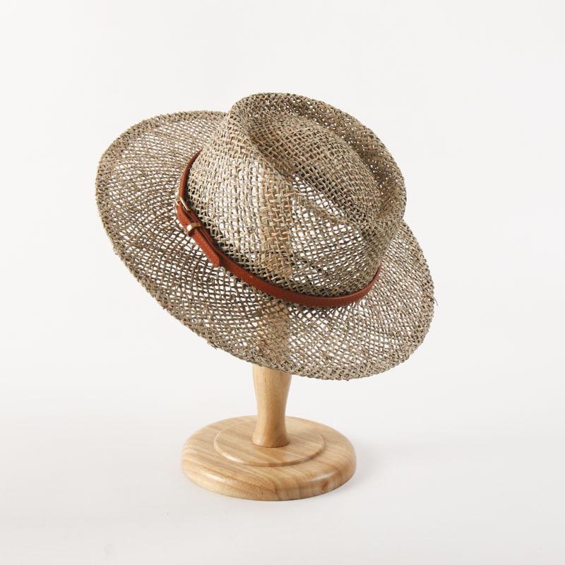 Cappello da Sole Estivo in Erba Marina Intrecciata, Punta con Cinturino in Pelle, Moda Europea Americana Nuova Esportazione