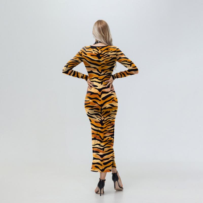 Spring and Autumn Tiger Head Long Sleeve Dress Digital Printing Crew Neck Long Dress Women