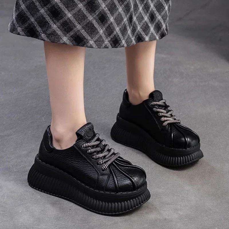 6.5 CM Thick Soled Heightening Pumps 2024 Spring And Autumn New Leather Lace-up Versatile Retro Women's Platform Casual Shoes