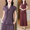Women's Summer Chinese Style Two-Piece Set: Short-Sleeved Top & Wide-Leg Pants for Middle-Aged Moms