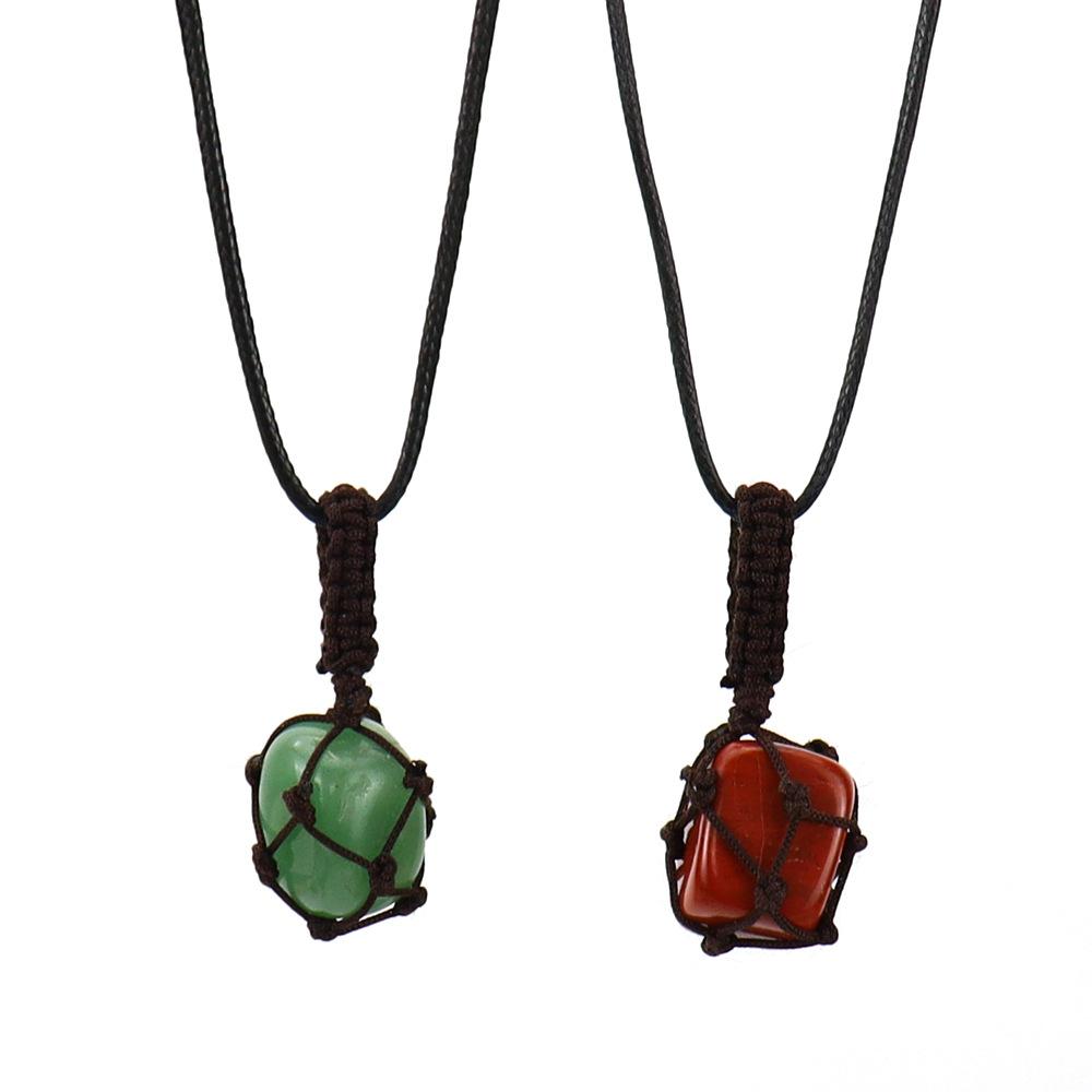 Hand-Woven Crystal Rough Stone Natural Stone Brown Mesh Pocket Necklace Mesh Pocket Sweater Chain N701