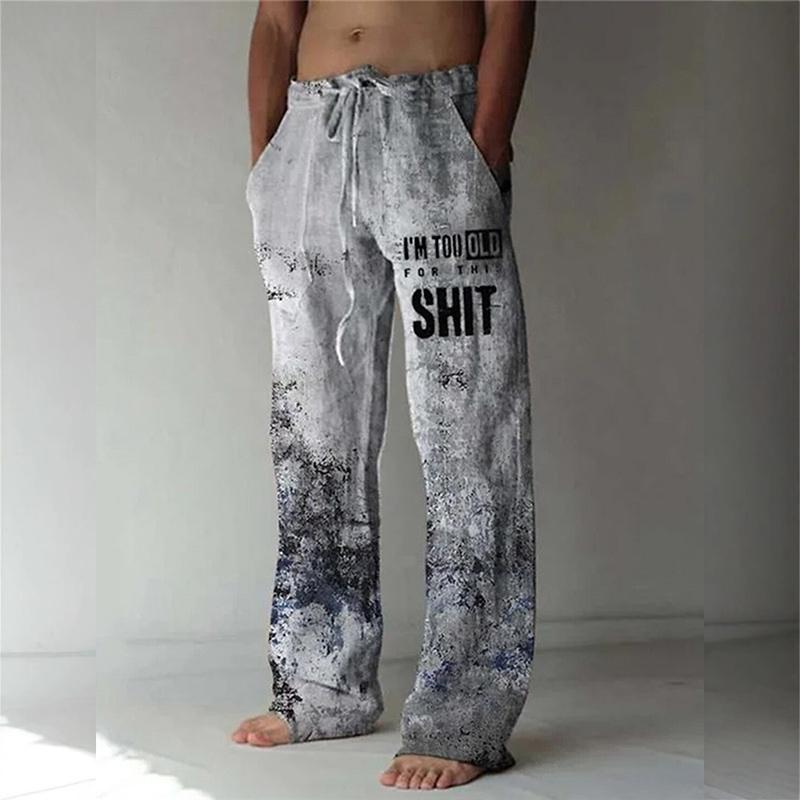 Retro Fashion Printed Men's Casual Pants Beach Men's Loose Casual Men's Pocket Pull Rope Linen  Sports Pants