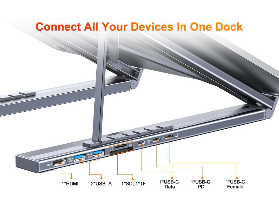 Upgraded 8-Port USB-C Laptop Dock Stand with 4K HDMI