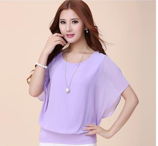 

Летняя корейская шифоновая блузка 2024: Женский топ с коротким рукавом, больших размеров, облегающий, летучая мышь 5XL фиолетовый