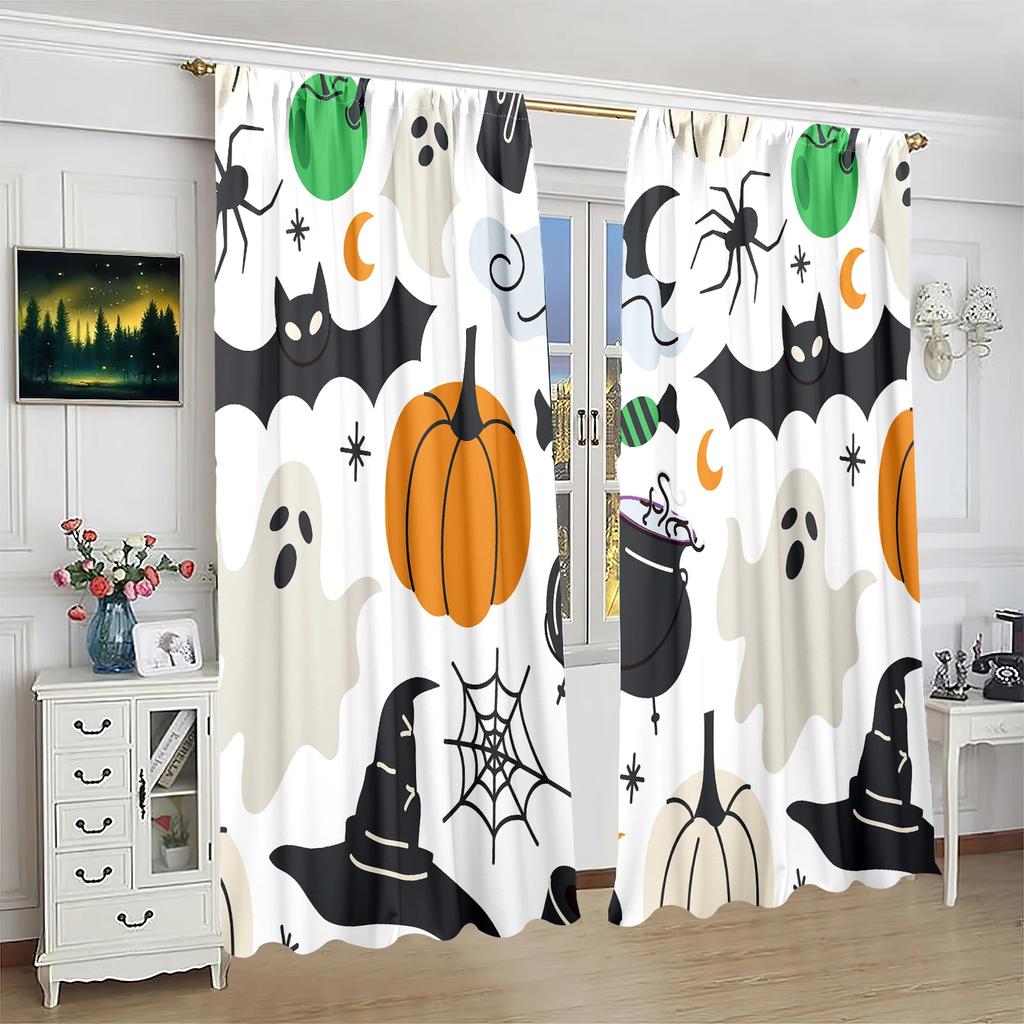 Spooky Halloween Print Curtains 2-Piece Polyester Set for Bedroom Living Room Study Gothic Holiday Window Decor