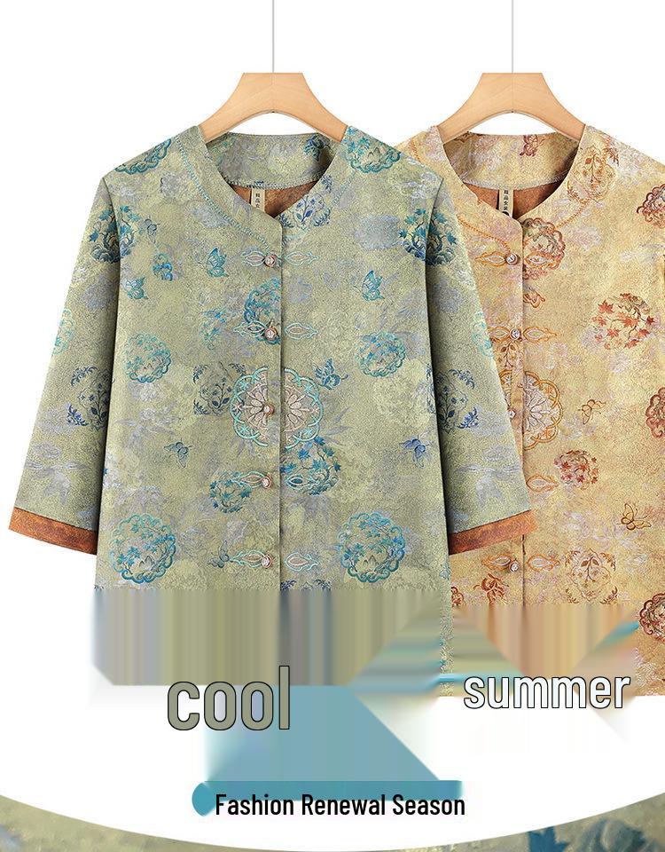 Stylish Chinese-Inspired Summer Top for Elderly Women – Loose Fit, Three-Quarter Sleeves