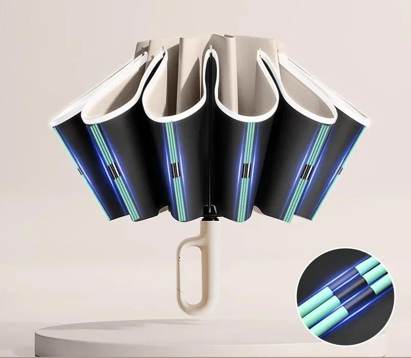 Parapluie à boucle 60K pour hommes et femmes, parapluie entièrement automatique à pliage inversé avec bande réfléchissante coupe-vent, parapluies UV