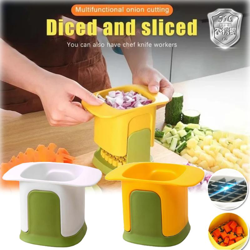 2 em 1 Cortador de Legumes Ferramenta de Corte em Cubos Pressão Manual Batata Cenoura Cebola Cortador Fatiador Chopper Chips Caixa de Corte Gadgets(Branco amarelado)