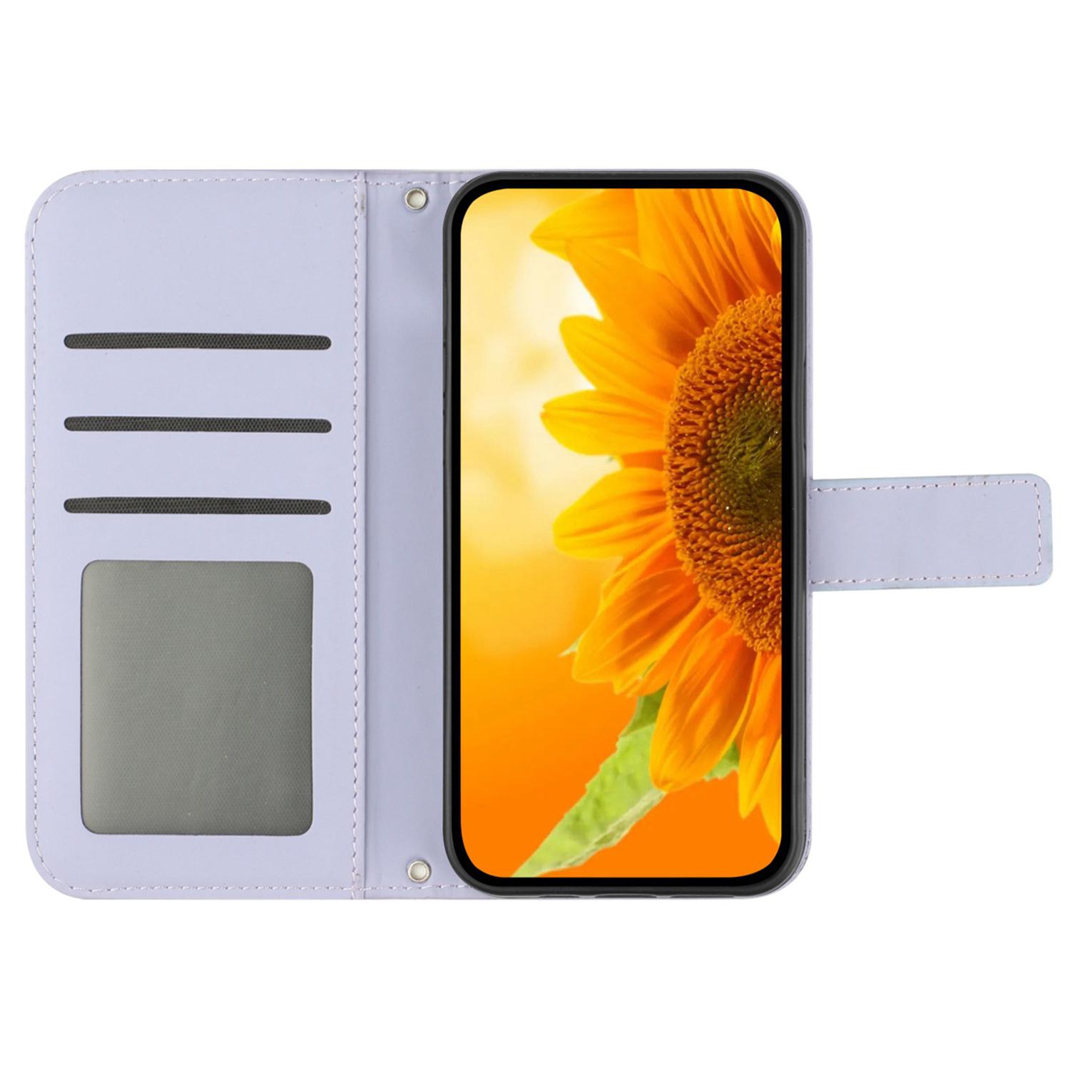 

HT04 For Google Pixel 8 Pro Skin-Touch PU Leather Case Wallet Stand Imprinted Phone Cover with Shoulder Strap Light Purple