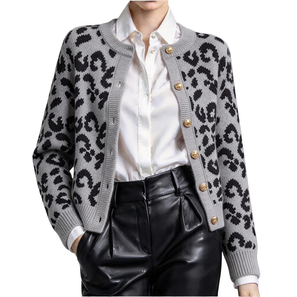 Women's Leopard Print Knit Cardigan Long Sleeve Round Neck Trim Casual Outerwear