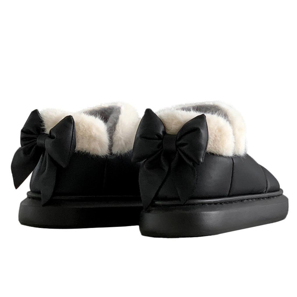 Butterfly Knot Cotton Slippers for Women In Winter, with A Bag Heel and Plush Cotton Shoes for Warmth and Thick Soles, Worn Externally