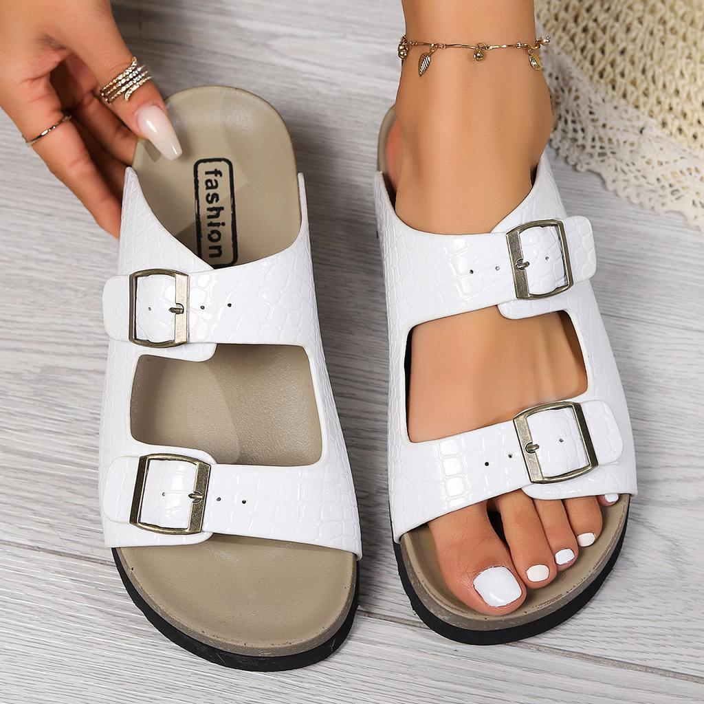 Flat Bottomed Casual Slippers Double Buttons and Exposed Toes Stone Patterned Women's Slippers