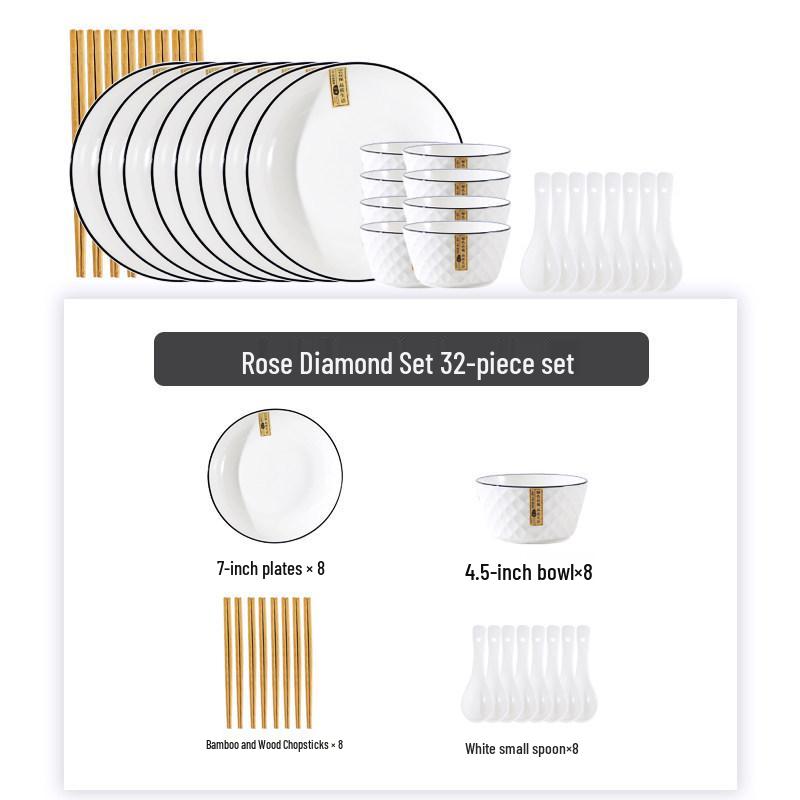 Nordic Style 45-Piece Tableware Set: Plates, Rice Bowls, Diamond Soup Bowls, and Fish Plates for 10 People