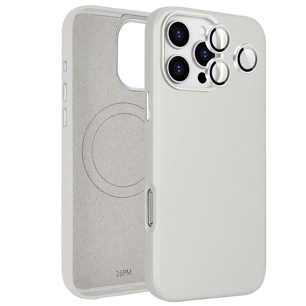 

For iPhone 16 Pro Max Strong Magnetic Plain Leather Case with Camera Lens Protector For iPhone 15 Pro 16 Hard PC Phone Cover For iphone16 серый