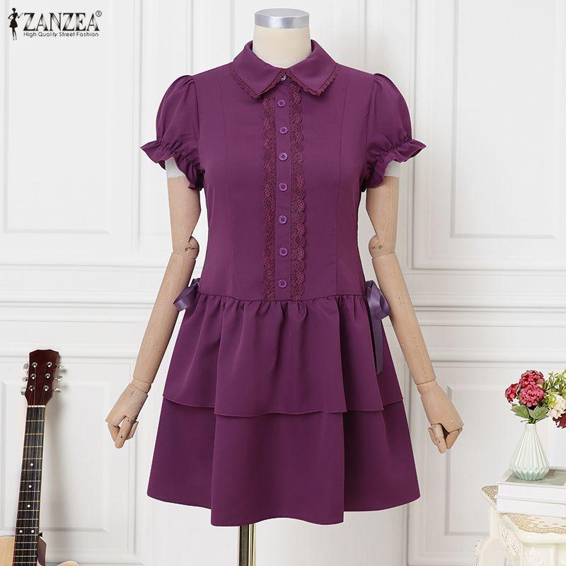 

ZANZEA Women Casual Lapel Neck Short Sleeve Lace Hem Ruffled Dress 5XL фиолетовый