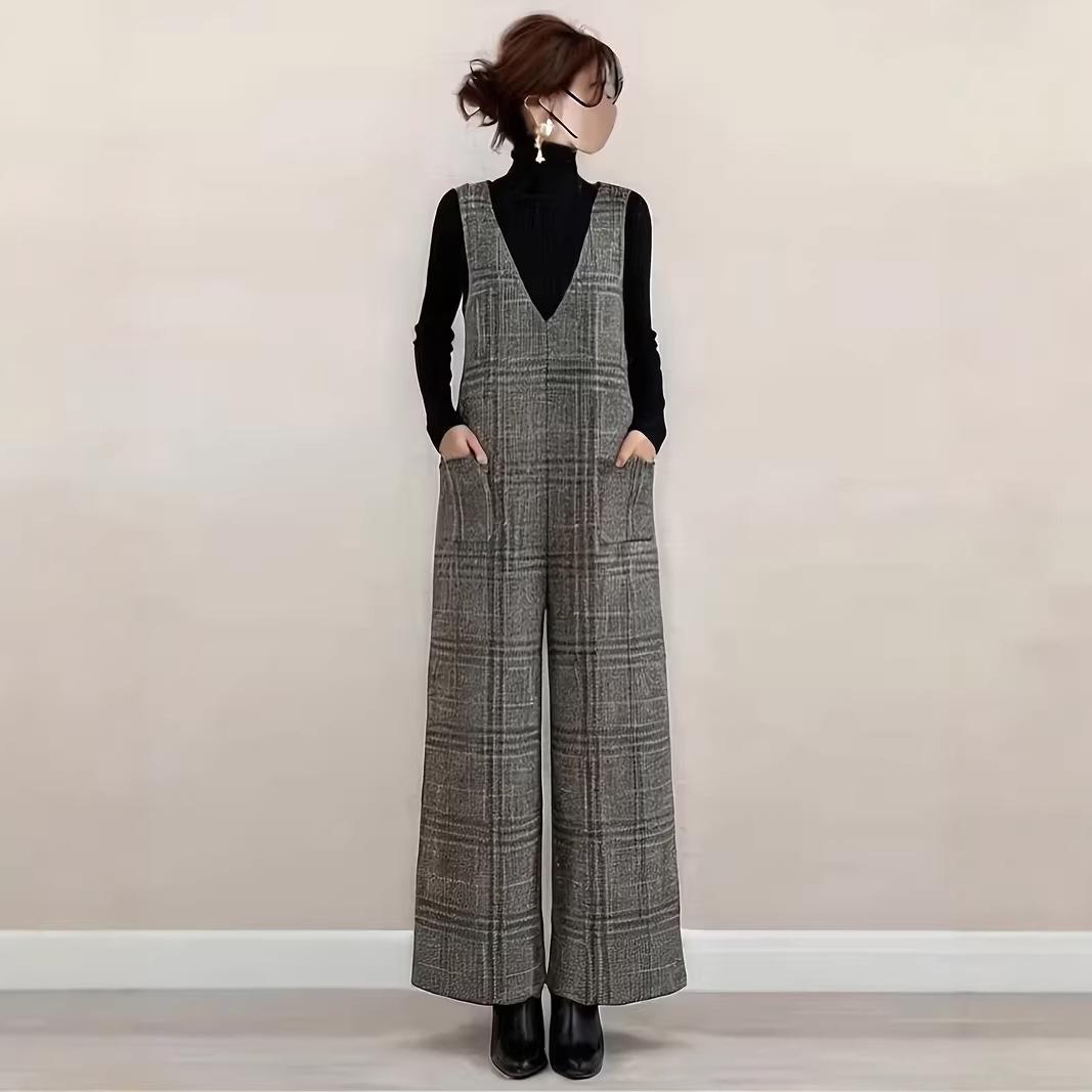 Plaid Woolen Sleeveless V-Neck Dress: Japanese-Korean Style for Autumn Winter M серый