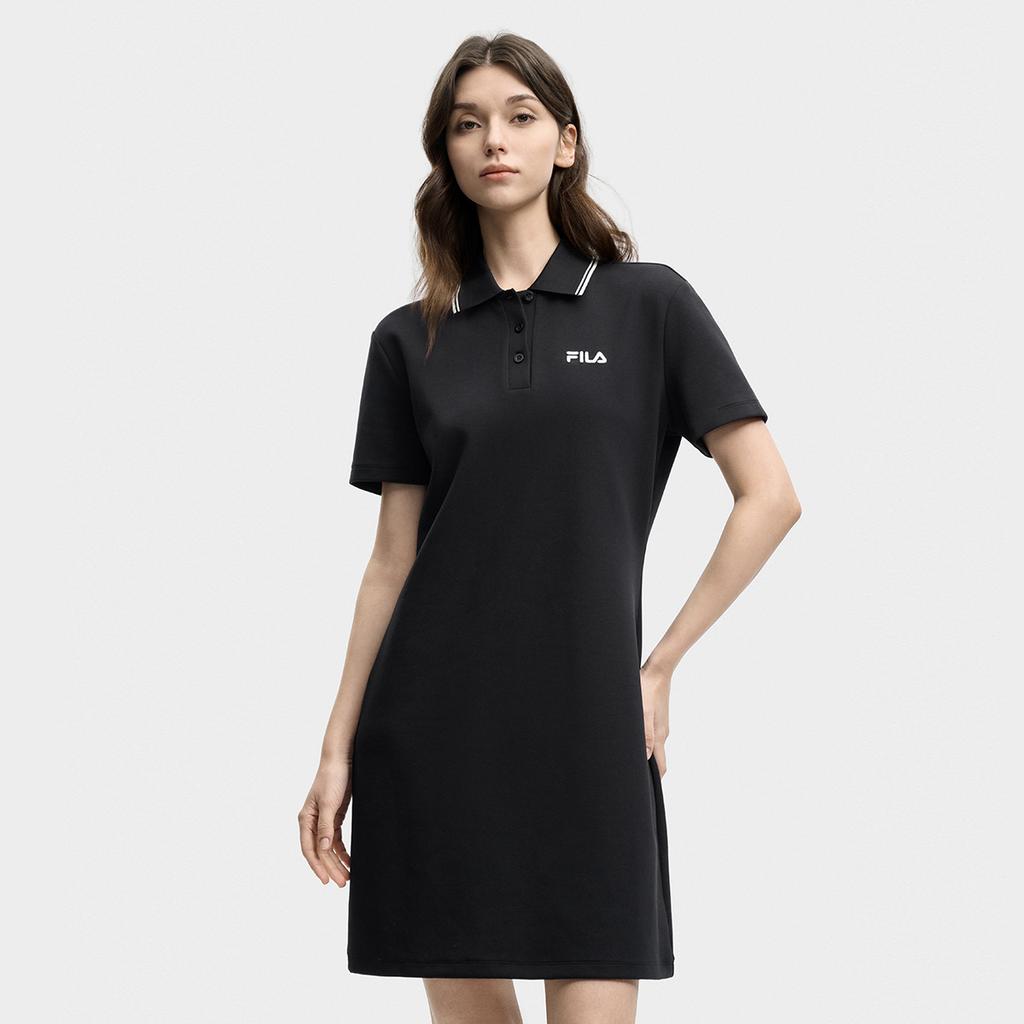 FILA Original Fashion Simple Basic Classic Retro Casual Relaxed Versatile Comfortable Polo Collar Short Sleeve Dress Women dresses Black F51W629306FBK