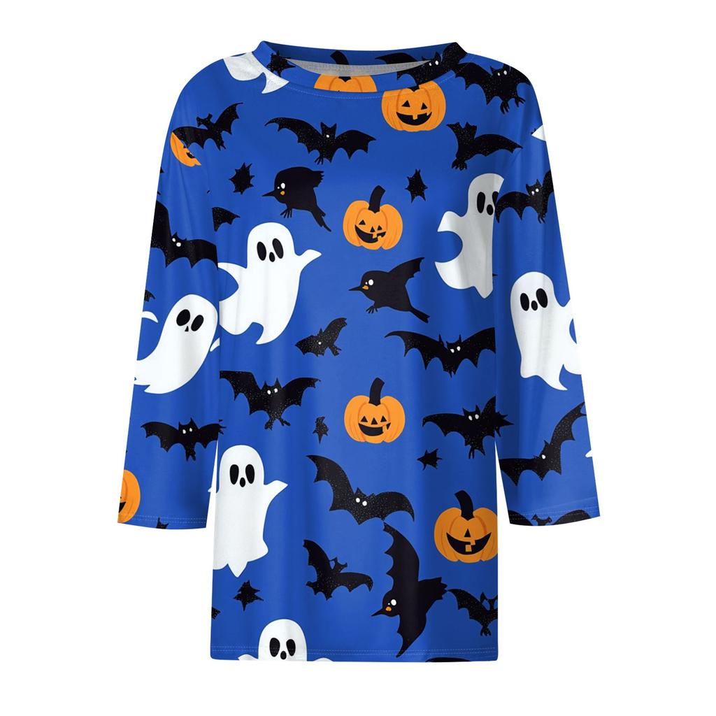 Damenmode Lässig Dreiviertelärmel Halloween-Print Rundhals-Top
