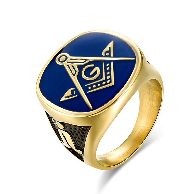 

Vintage Blue Gold Masonic Ring Titanium Steel Retro Punk Hip Hop Brotherhood Jewelry for Men Freemason Accessories 11