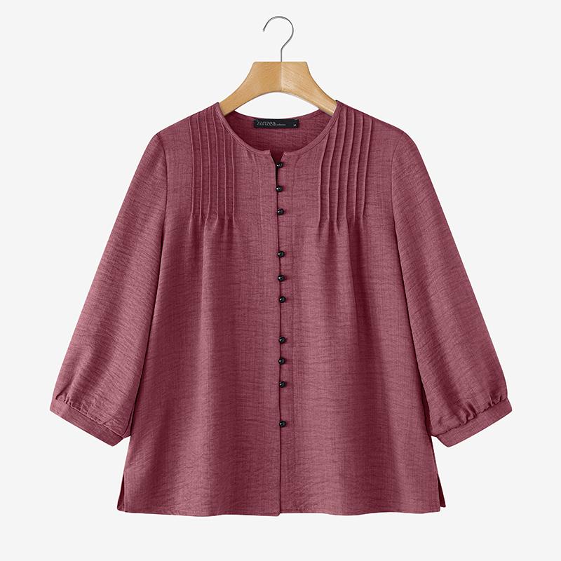 ZANZEA Dámská ležérní halenka s kulatým výstřihem, volným 3/4 rukávem a jednobarevným provedením