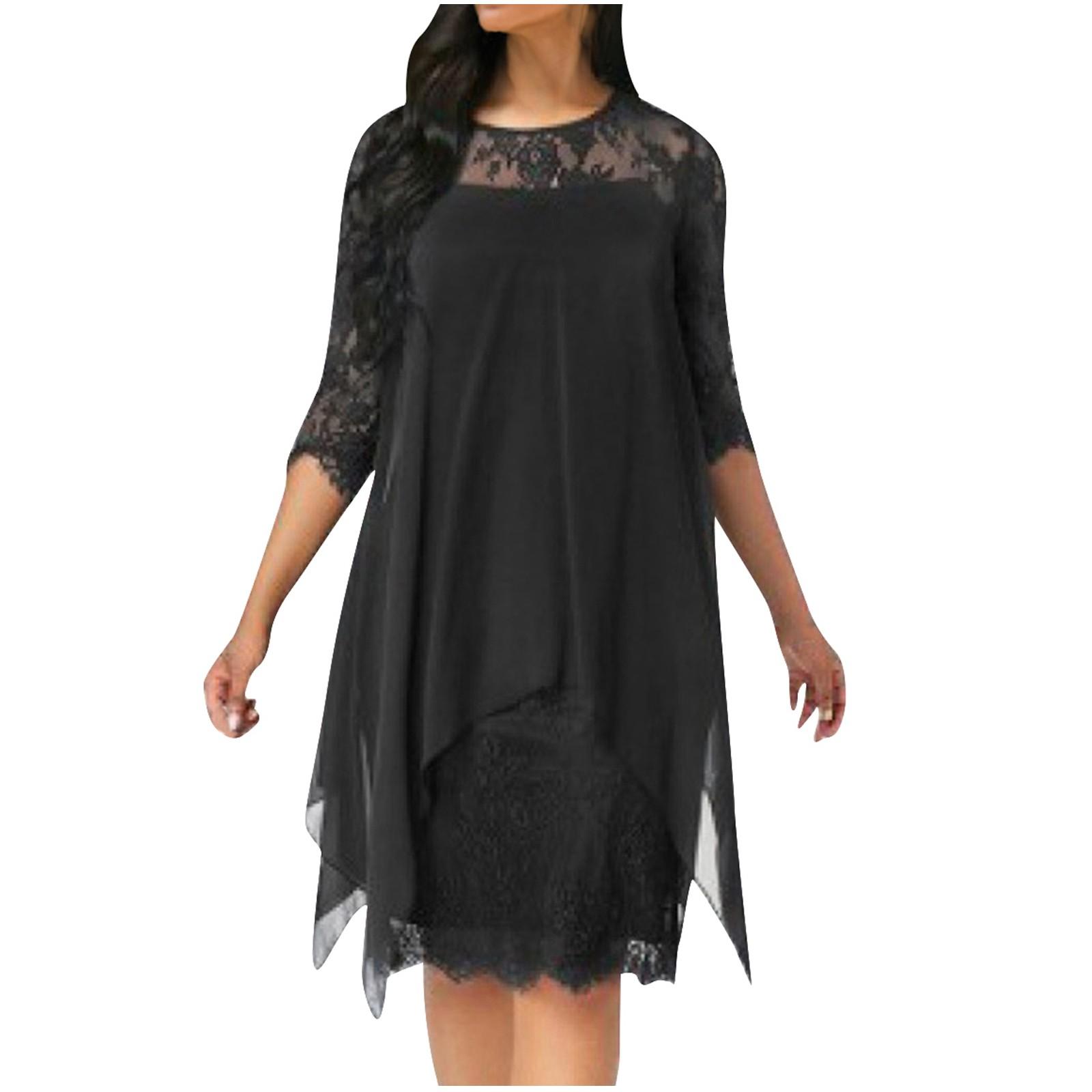 Женское модное кружевное лоскутное шифоновое платье средней длины с рукавами 3/4 и длиной — фото 5