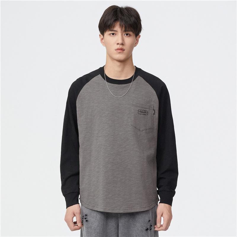Splicing Contrasting Color Long-Sleeved Sweater T-Shirt Men'S Spring And Autumn Loose Round Neck Without Hat Pullover Casual Jacket On Clothes