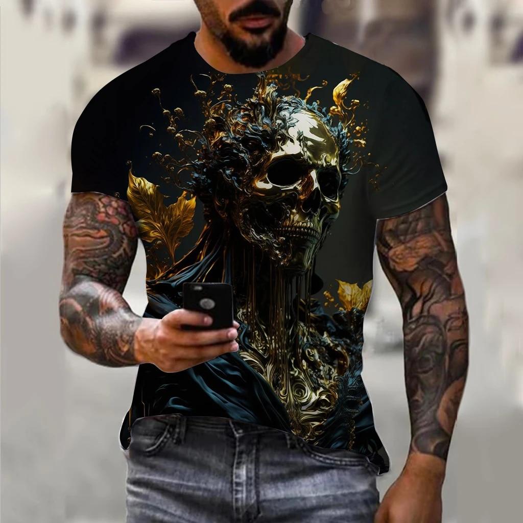 Men's Skull Print Short Sleeve Button Down Shirt - Halloween Retro Dark Style Casual Graphic Top