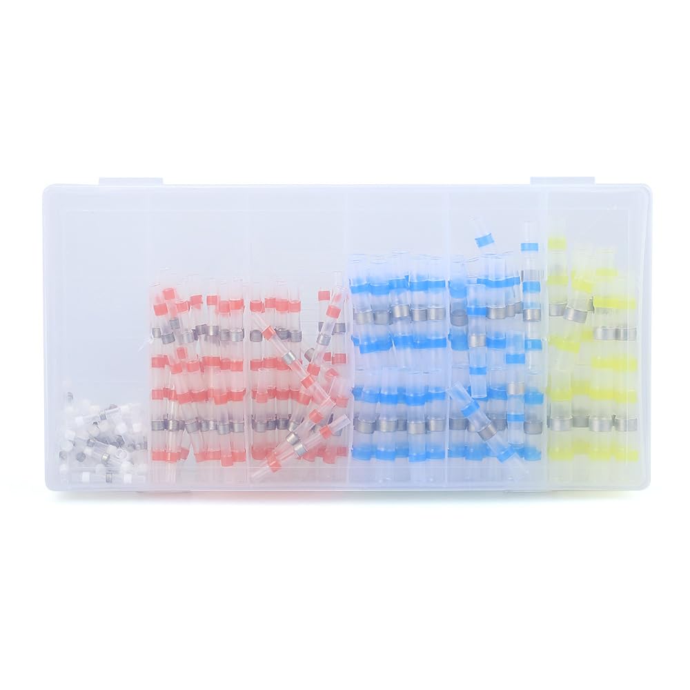 Glvaner Heat Shrink Solder Sleeves, Heat Shrink Tubing, Waterproof Crimp Sleeves, Crimp Sleeves, Solder Seal Wire Connectors, 4 Types, 200 Pieces