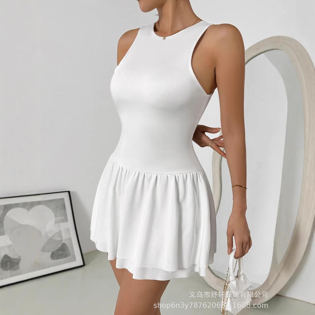 Women Evening Party Sleeveless O Neck Solid Color Hollow Out Backless Sexy Mini Pleated Dress