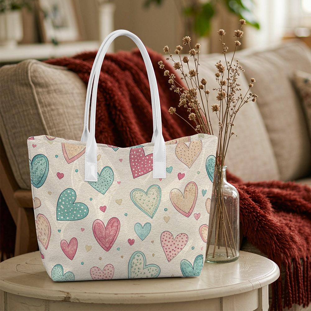 Sweet Heart Print Tote Bag Casual Large Capacity Daily Shoulder Bag for Women Outdoor Shopping Commuting Use