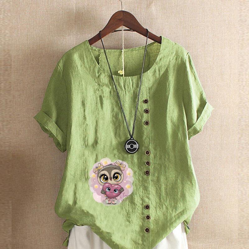 

Женская модная футболка с круглым вырезом и коротким рукавом, повседневная хлопковая льняная рубашка с рисунком, свободная летняя блузка с милым принтом совы, топы больших размеров 5XL