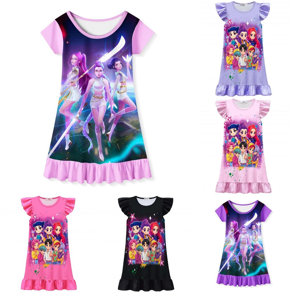 Kpop Demon Hunters Cotton Short Sleeve Sleep Dress For Kids Summer Wear