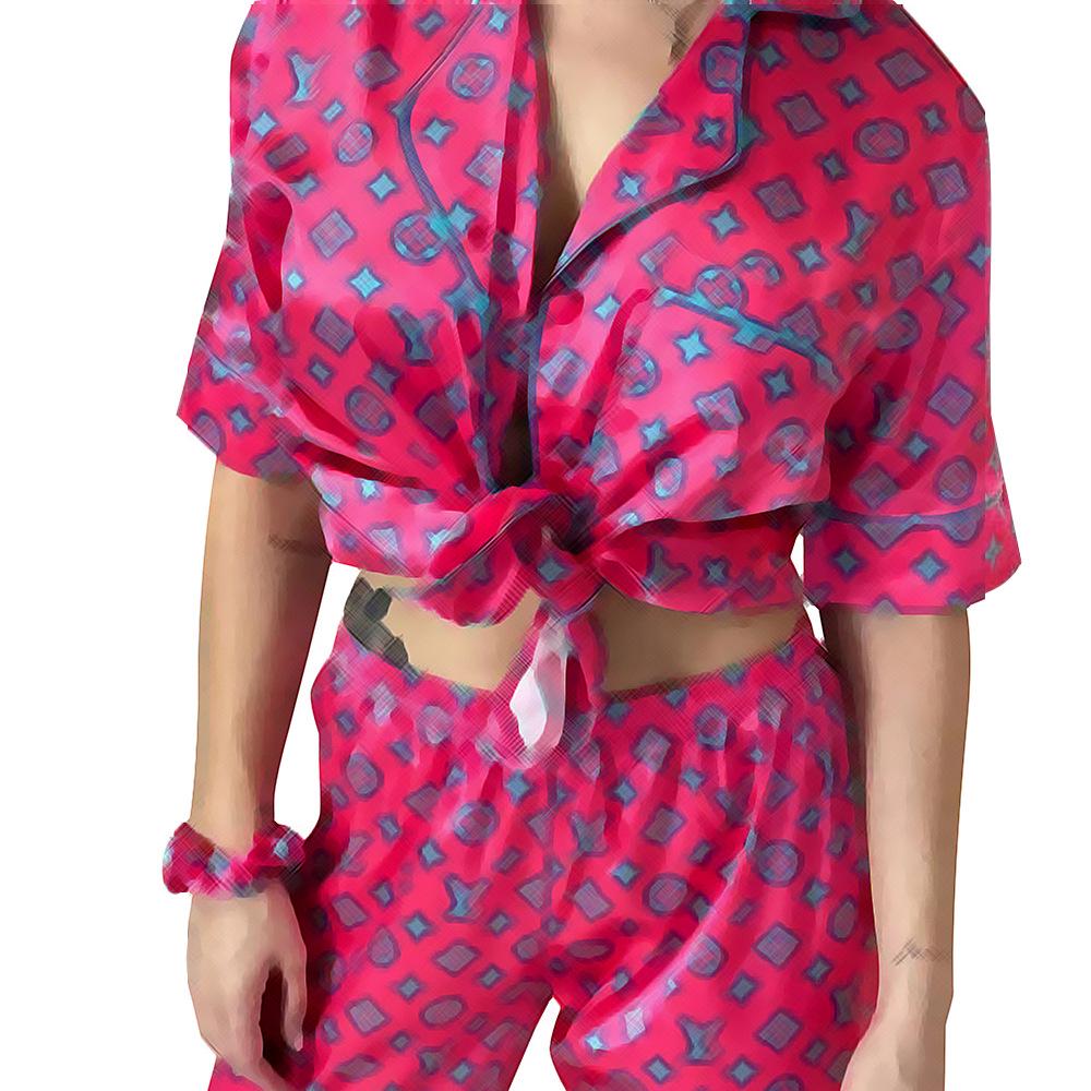 Europäischer & Amerikanischer Damen Pyjama Set aus Eis-Seide - Kurzarm Oberteil, Lange Hose & Haargummi